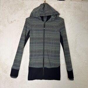 Vintage Lululemon Stride Jacket Green Grey Striped Full Zip Hoodie Size 2